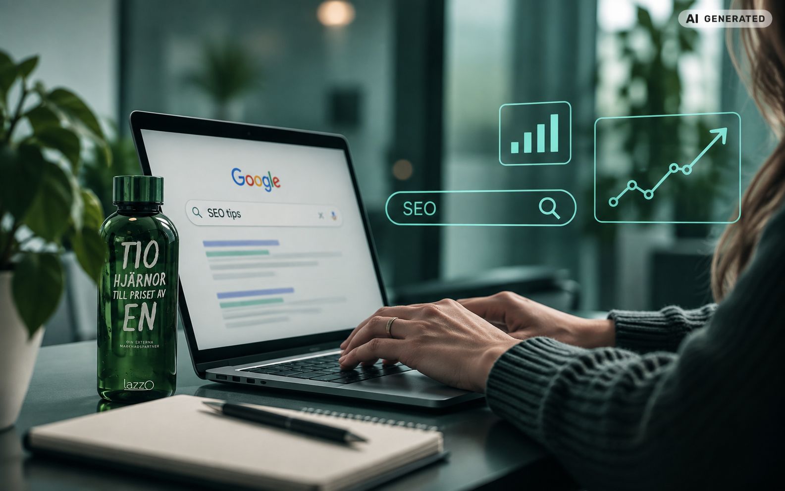 Person som arbetar med SEO och SEM vid en dator och söker efter SEO tips på Google